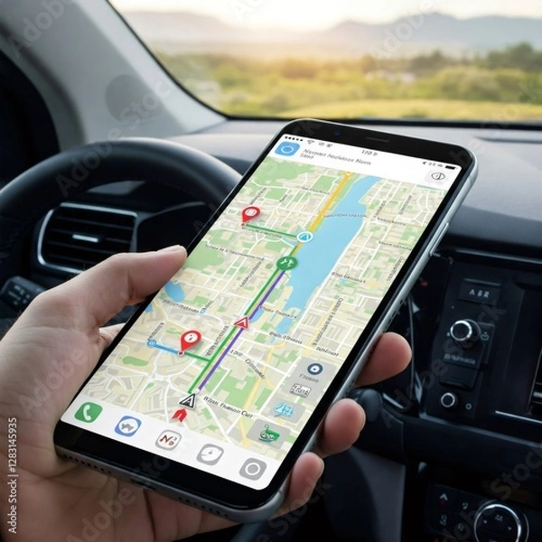 Obraz Driver using gps navigation app on smartphone in car