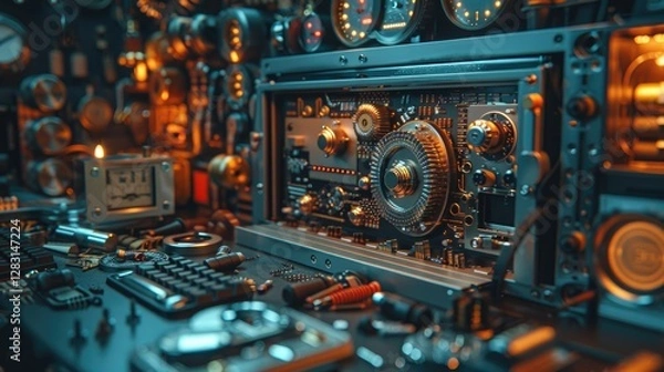 Fototapeta A collection of detailed clockwork parts and intricate components arranged