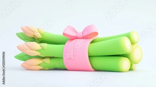 Fototapeta Fresh Green Asparagus Bundle Tied with a Pink Ribbon on a Light Background for Culinary and Healthy Eating Concepts