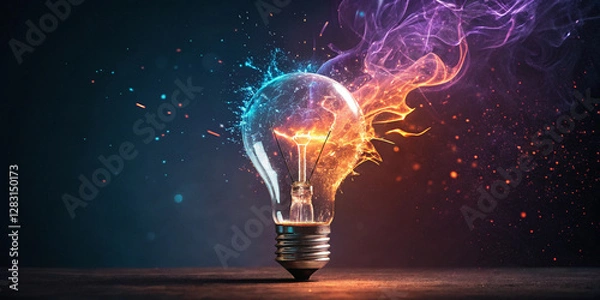 Fototapeta Creative concept of an illuminated light bulb with magical energy sparks symbolizing innovation, creativity, brainstorming, and futuristic ideas