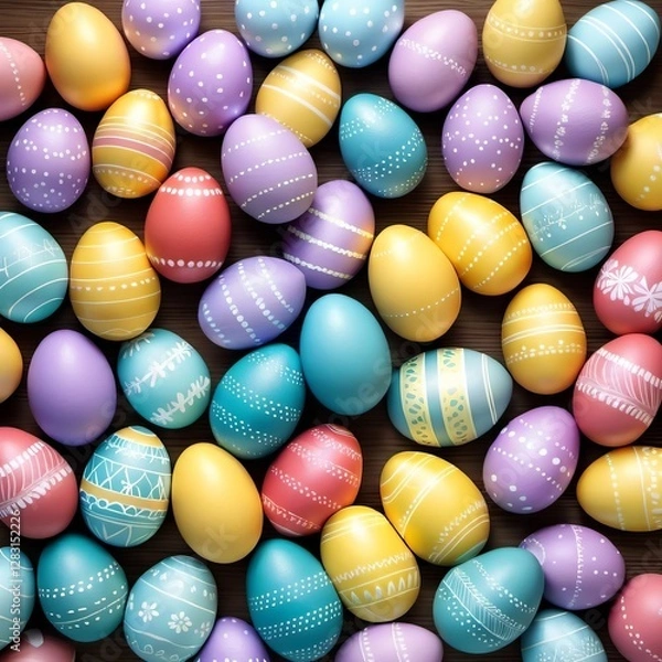 Fototapeta Colored Easter eggs background. Happy Easter template, banner. AI generated.