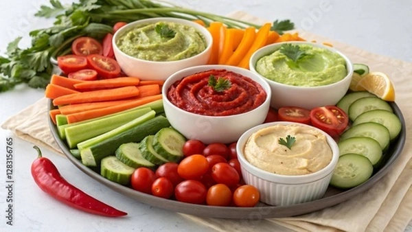 Fototapeta Fresh Colorful Vegetable Platter with Various Dips Including Hummus, Guacamole, and Salsa