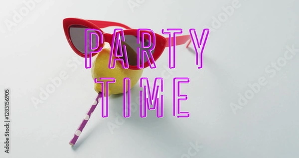 Obraz Image of party time text over sunglasses and lemon with straw on white background