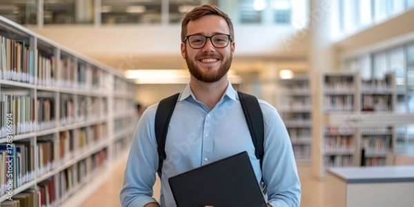 Fototapeta A cheerful student in a library, showcasing confidence and readiness to learn, perfect for educational and academic themes.