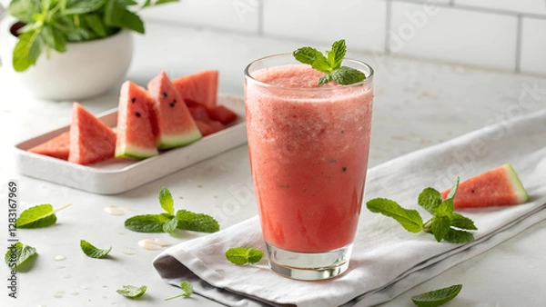 Fototapeta Refreshing Watermelon Smoothie with Mint