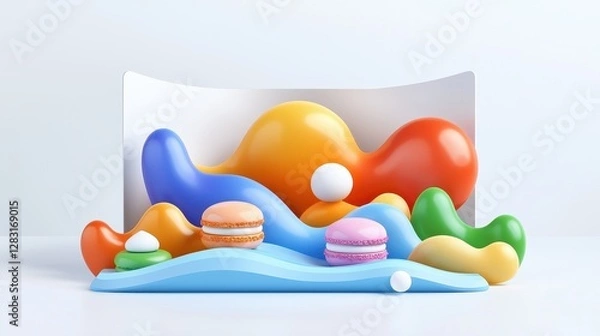 Obraz Colorful Macarons Displayed on Isolated White Background with Abstract Shapes and Design Elements