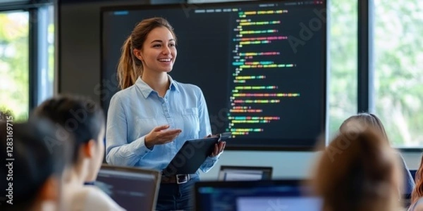 Fototapeta A confident female instructor leads a coding workshop, engaging students in a modern classroom with digital screens and collaborative tools.