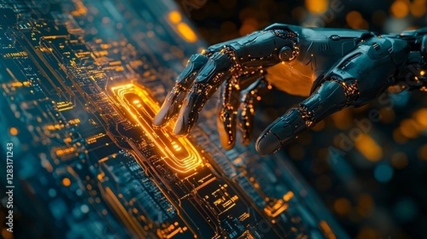 Obraz Futuristic Robot Hand Interacting with Digital Circuit Board Display