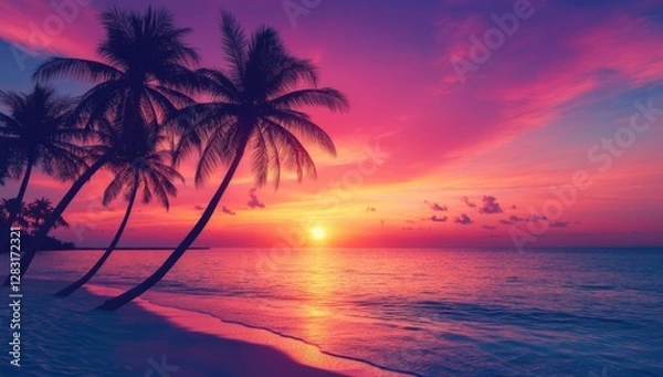 Obraz Beautiful sunset on the tropical beach with palm trees. Vibrant colorful sky.
