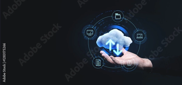 Fototapeta Cloud storage and data transfer concept with glowing arrows.