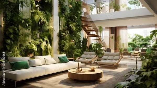 Obraz Elegant and calming indoor tropical garden feature in a modern minimalist apartment interior with large windows natural light and cozy furniture