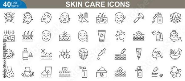 Fototapeta Skincare icons set. Vector illustrations covering facial Care, beauty treatments, cosmetic products, skin hydration, anti-aging solutions, sun protection, serums, masks and more.