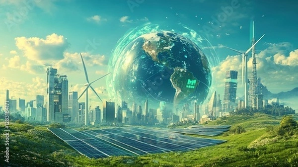 Fototapeta New energy technology integration scenarios. Applicable to the cover of corporate social responsibility reports and the background of new energy exhibitions.