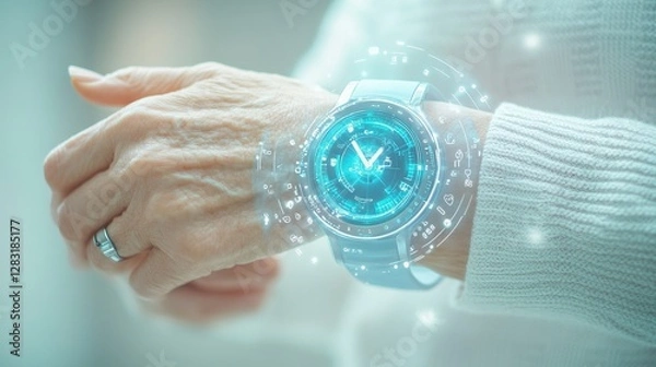 Fototapeta An old woman is holding a smartwatch that displays digital time, with a holographic clock interface floating above her wrist in a future environment. The concept of remote health monitoring.