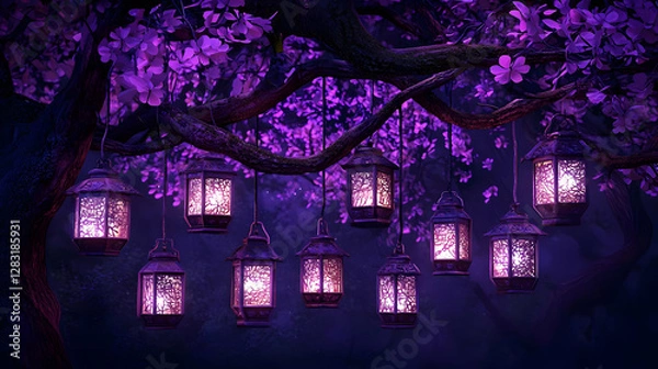 Fototapeta Enchanted Lanterns Hanging from a Blossoming Tree at Night