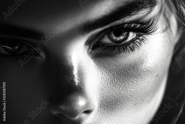 Fototapeta A close-up photo of a woman's eyes in black and white, great for representing intimacy or simplicity