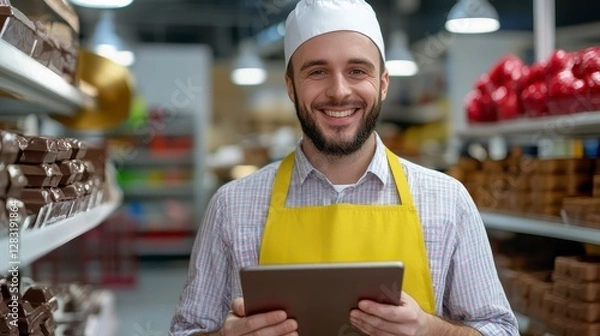 Fototapeta Smiling Confectioner Using Tablet in Chocolate Shop