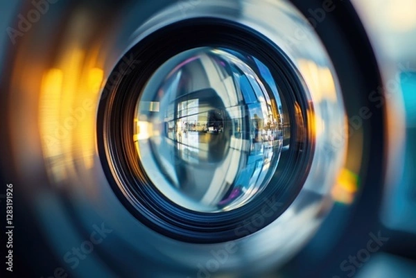 Fototapeta A close-up view of a camera lens with details on the glass and metal components