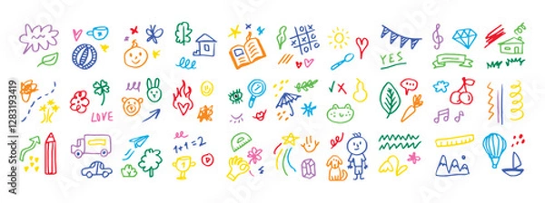 Fototapeta Doodle kids color set. Hand drawn simple decorative elements. Various icons, hearts, stars, lines