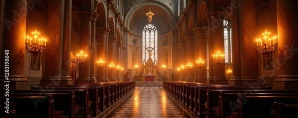 Obraz Unaltare con candelabri dorati e stampe religiose, candelabri, architetture, oro