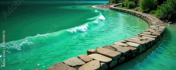 Obraz Undulating emerald swells stretch over a winding stone path on the shores of a serene lake, water, green background, green wave