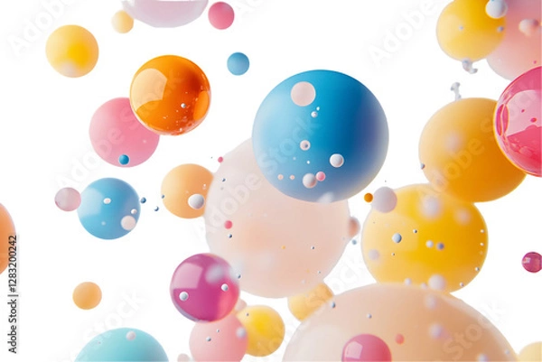 Fototapeta A vibrant abstract image featuring an array of colorful spheres in shades of blue, pink, yellow, and orange against a transparent backdrop, creating a playful and dynamic visual effect