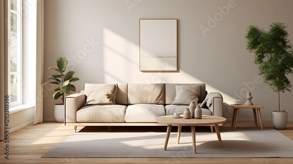 Fototapeta Elegant and soothing Scandinavian inspired living room design with a neutral toned couch minimalist coffee table and lush potted plants adding a touch of natural greenery to the space