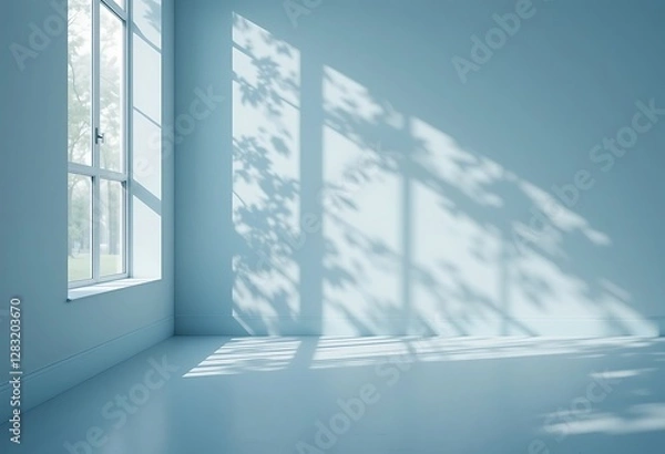 Fototapeta Sunlit interior with tree shadows creating serene patterns on the wall