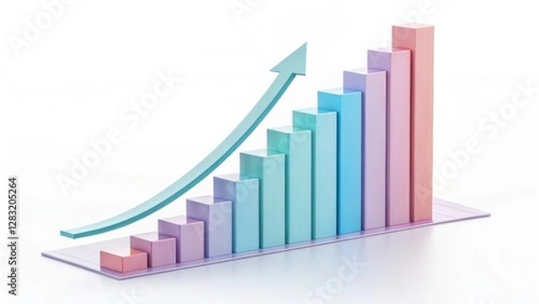 Fototapeta A colorful bar graph shows steady growth, with an upward arrow indicating positive progress and increasing values.