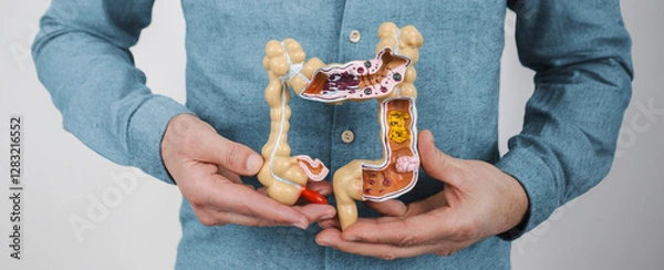 Fototapeta Man suffering from constipation and abdominal pain. Treatment of colitis, flatulence, indigestion
