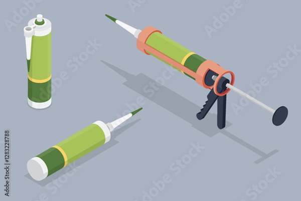 Fototapeta Caulking gun and silicone acrylic sealant adhesive tube. Industrial fill foam bottle with nozzle for repair work. 3d flat isometric vector illustration.