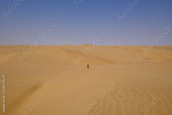 Obraz A lone traveler walks across the endless golden dunes of Sandwich Harbour, lost in the immensity of the Namib Desert. The vast, silent expanse showcases nature’s raw and breathtaking power.