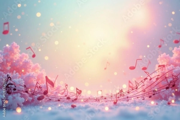 Fototapeta Winter Wonderland Musical Notescape  A Serene Composition of Musical Notes Resting on a Frosty Surface, Illuminated by a Gentle, Warm Glow