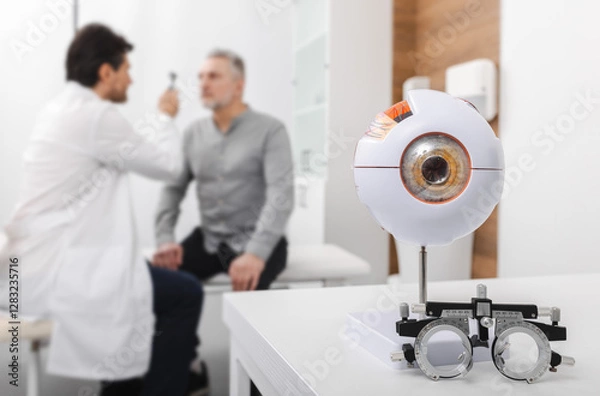 Fototapeta Senior man patient checking vision in optician's office with optometrist. Eye exam and vision diagnostic