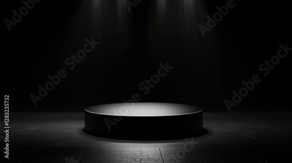Fototapeta Black and white photograph of a round, circular object in the center of a dark room. the object appears to be made of a smooth, shiny material and is placed on a wooden floor.