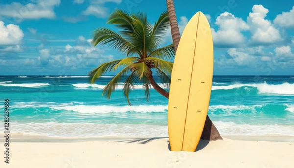 Fototapeta Surfboard - mockup for text or logo, eaning against a palm tree on a tropical beach. Turquoise water, white sand, raging sea with waves, blue sky with clouds, realistic surfboard texture