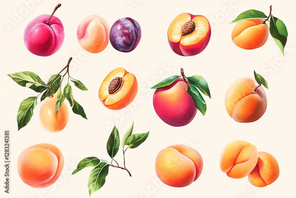 Fototapeta A vibrant collection of illustrated peaches and plums, showcasing different varieties and textures. Perfect for food enthusiasts and designers looking for colorful fruit imagery.