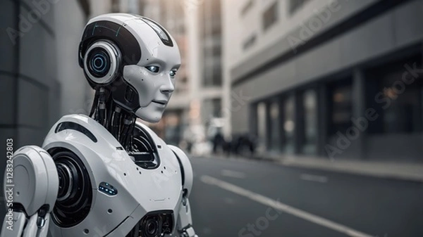 Fototapeta AI robot, futuristic humanoid with sleek white design and glowing blue eyes, advanced artificial intelligence in an urban city street..