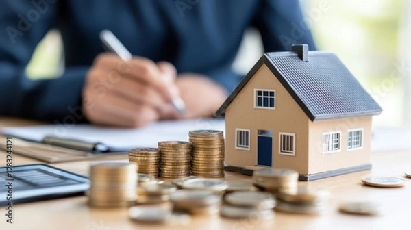 Fototapeta Person sitting at table with house model and coins explaining real estate investment strategy