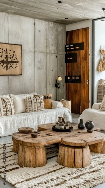Fototapeta Rustic Modern Living Room with Wooden Coffee Table
