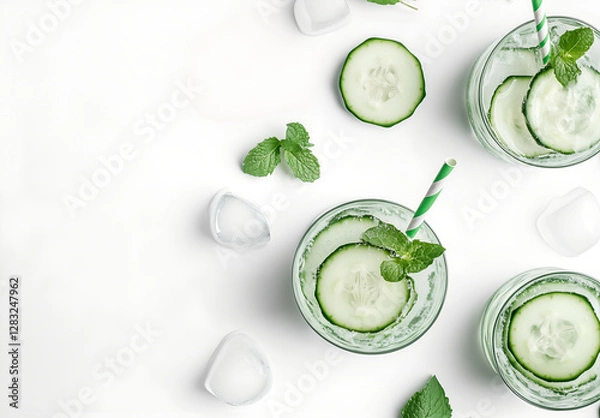 Fototapeta Glasses of sparkling water with cucumber slices, ice cubes, and fresh mint leaves, served with straws on a white background. Refreshing, healthy beverage. Spring drink, detox, healthy food