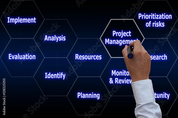 Fototapeta Business man drawing the virtual panel of icon polygon interface