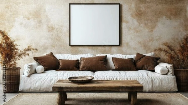 Fototapeta Bohemian Living Room Mockup with Blank Frame