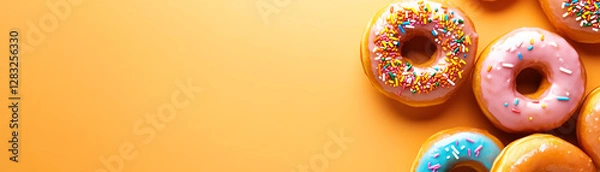 Fototapeta Delicious, colorful donuts featuring vibrant icing and sprinkles, set against a bright orange background for an appealing and inviting visual experience.