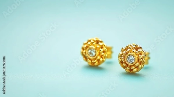 Fototapeta Gold stud earrings with a minimalist design, resting on a soft powder blue background. No text, no people.