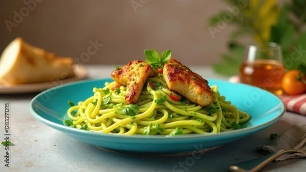 Fototapeta Aromatic Herb Pasta with Pan-Seared Chicken Tenders and a Side of Crusty Bread