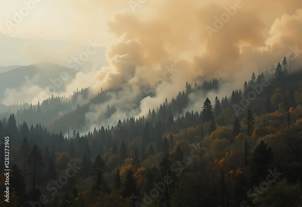 Fototapeta Forest Landscape With Smoke And Hazy Mountain Range