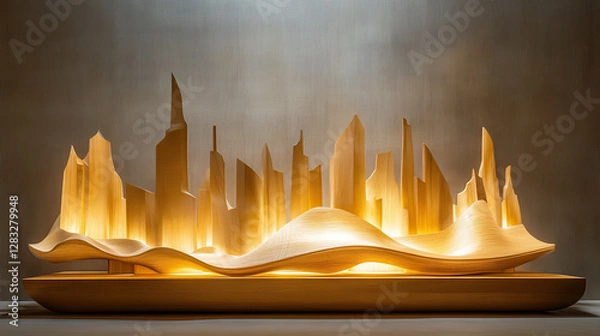 Obraz A modern bedroom with a sculptural wooden headboard resembling a stylized skyline, set against a muted monochromatic wall
