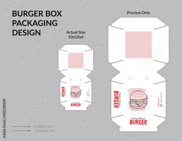 Fototapeta Burger Box Design, Burger Box Packaging Template Design, Burger Box Die Cut Line, Ready For Print