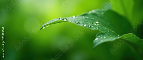 Fototapeta Green leaf with raindrops. Environment ecology.
